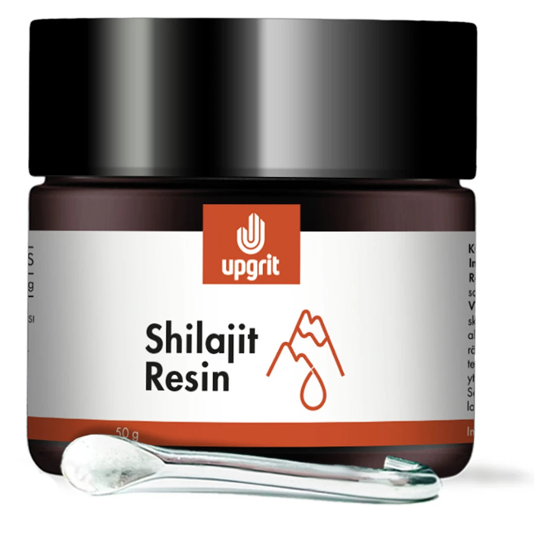 Upgrit Shilajit Resin 50 g i en mörkbrun burk med svart lock och en medföljande liten sked., bild 1 av 1