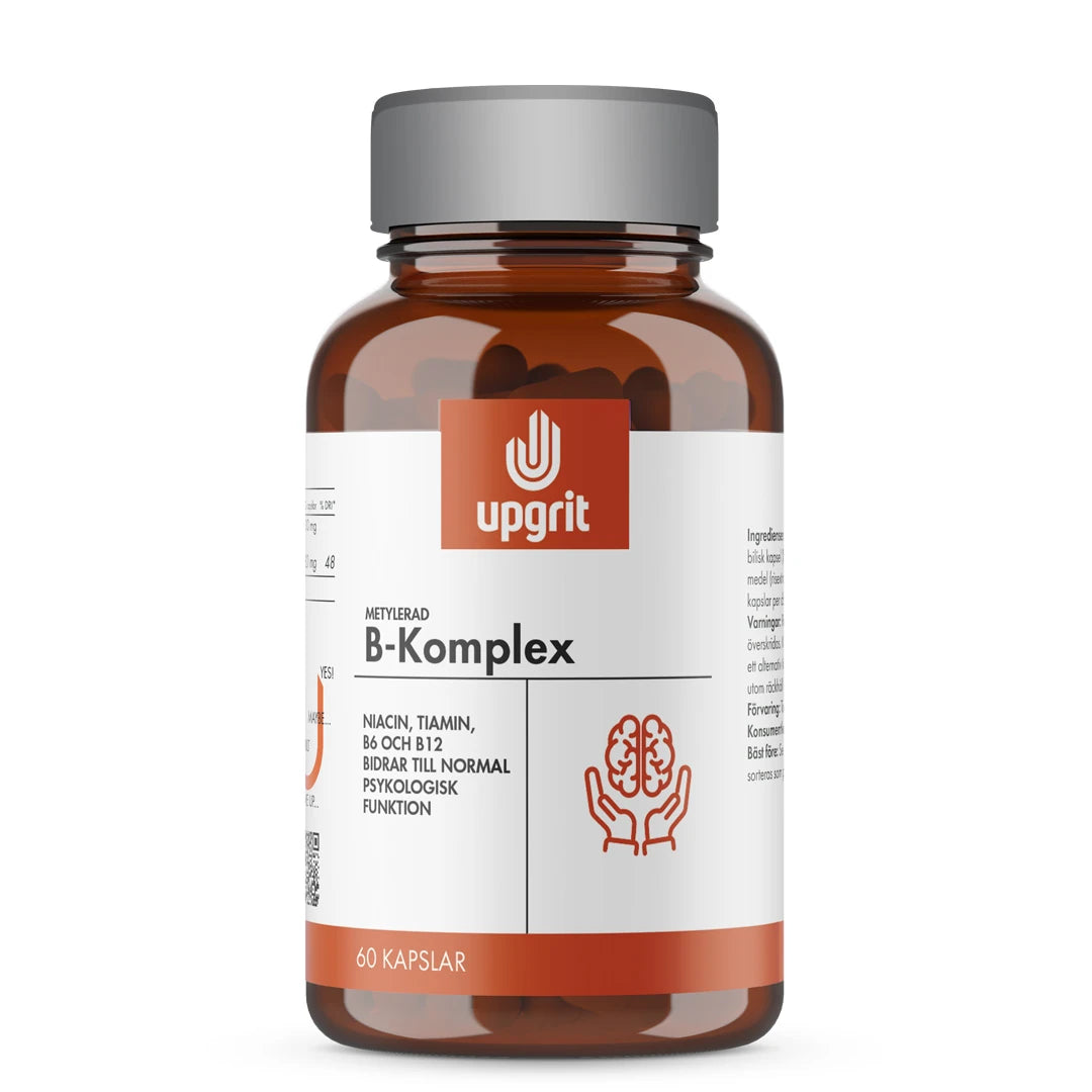 Upgrit B-Komplex 60 kapslar i en mörkbrun burk med silverlock och vit etikett med orange detaljer., bild 1 av 1
