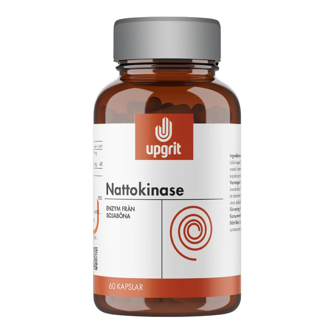 Upgrit Nattokinase 60 kapslar förpackade i en brun burk med en vit och orange etikett samt ett grått lock., bild 1 av 1