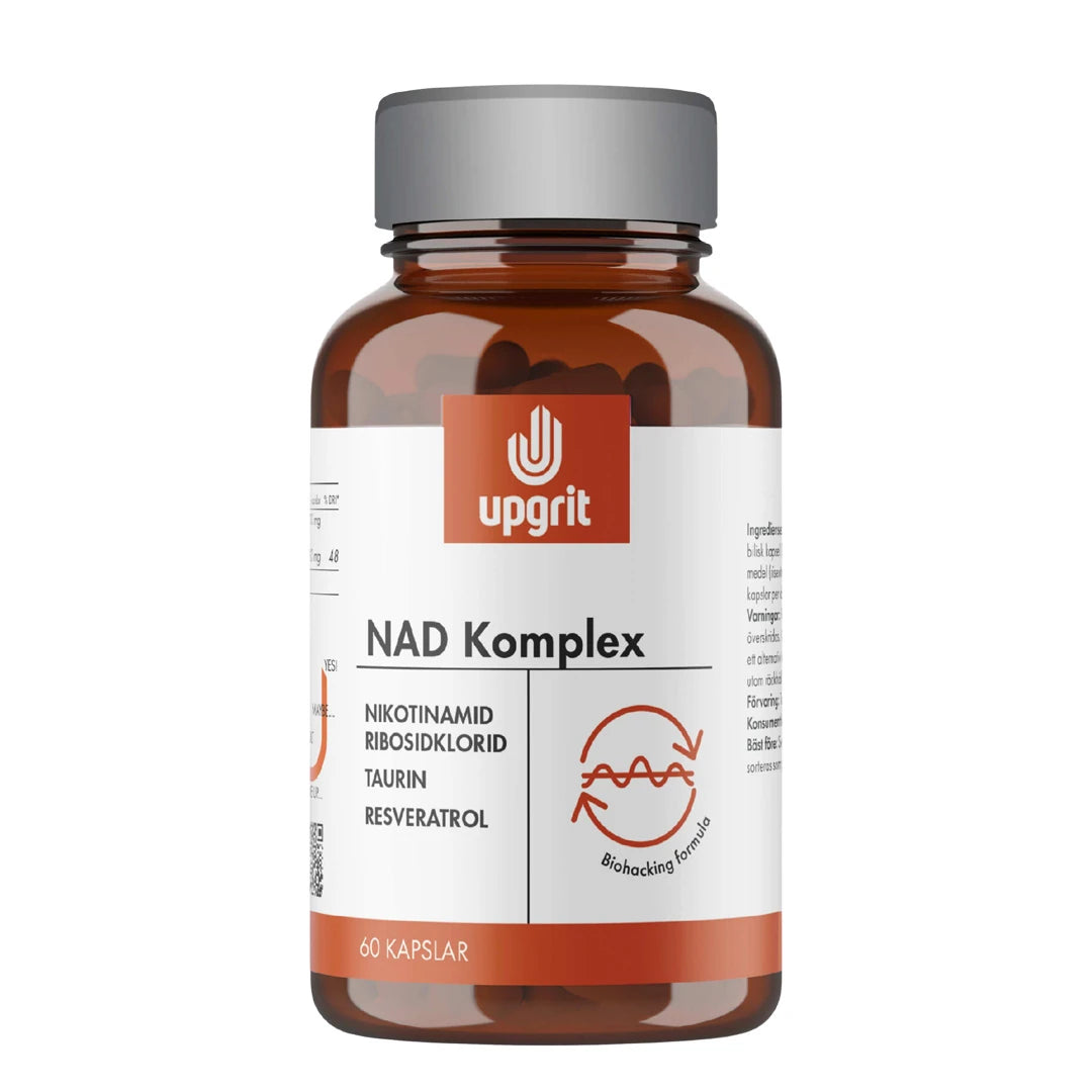 Upgrit NAD-Komplex 60 kapslar i en brun glasburk med vit etikett och orangea detaljer., bild 1 av 1