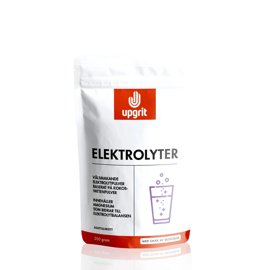 Upgrit Elektrolyter 200 g elektrolytpulver i en vit påse med röda detaljer för smaken Skogsbär., bild 1 av 2