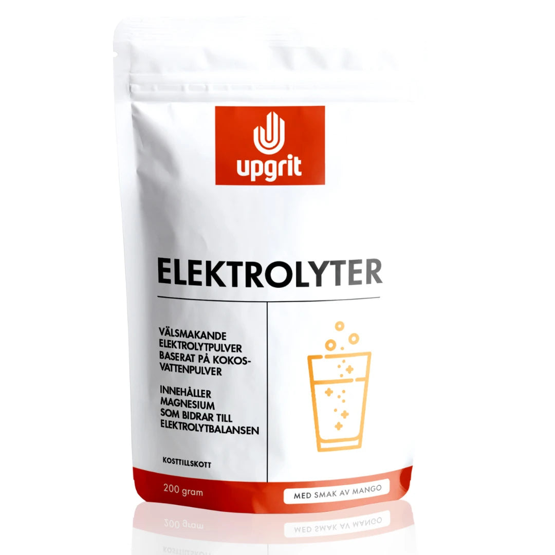 Upgrit Elektrolyter 200 g elektrolytpulver i en vit påse med orange detaljer för smaken Mango.