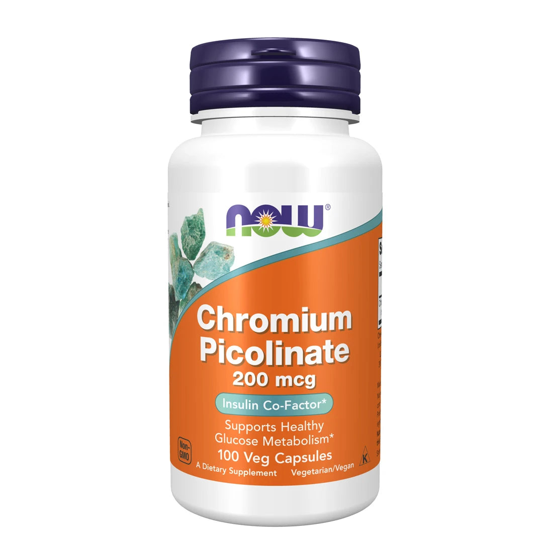 NOW Chromium Picolinate 200 mcg 100 vegcaps kosttillskott i en vit plastburk med lila lock och orange etikett., bild 1 av 1