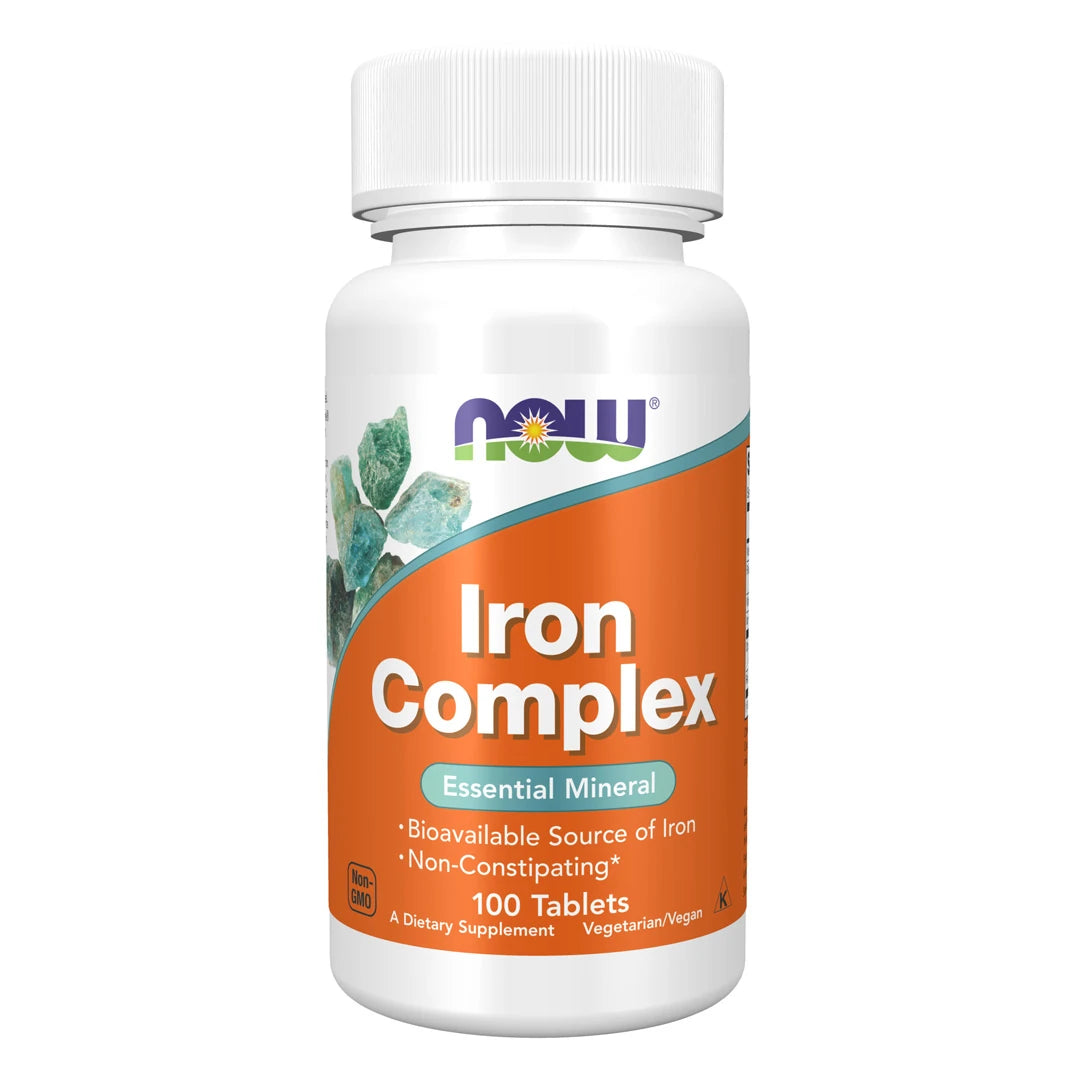 NOW Iron Complex 100 tabletter i en vit burk med orange etikett., bild 1 av 1