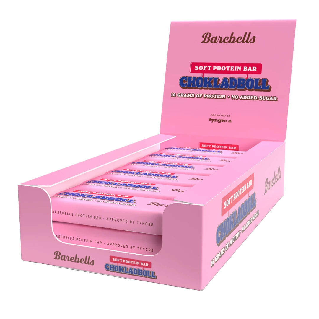 12 x Barebells Soft Bar 55 g Chokladboll i en rosa displaylåda fylld med proteinbars., bild 1 av 1