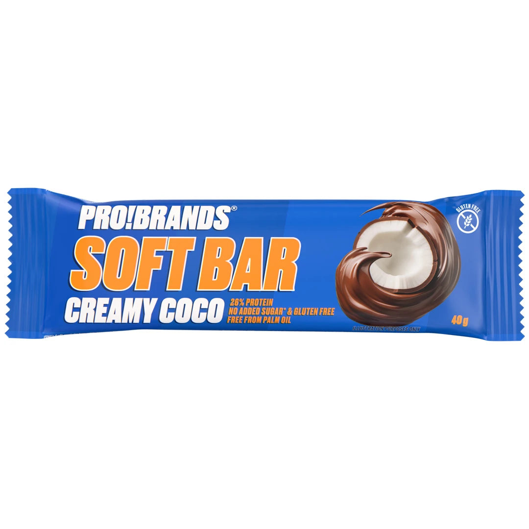 Pro Brands Softbar 40 g proteinbar i en blå förpackning med choklad- och kokosmotiv för smaken Creamy Coco., bild 1 av 3