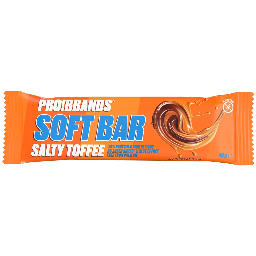 Pro Brands Softbar 40 g proteinbar i en orange förpackning för smaken Salty Toffee., bild 2 av 3