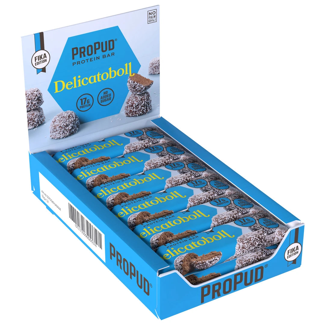 12 x NJIE ProPud Proteinbar 55 g Delicatoboll i en ljusblå och vit displaylåda., bild 1 av 1