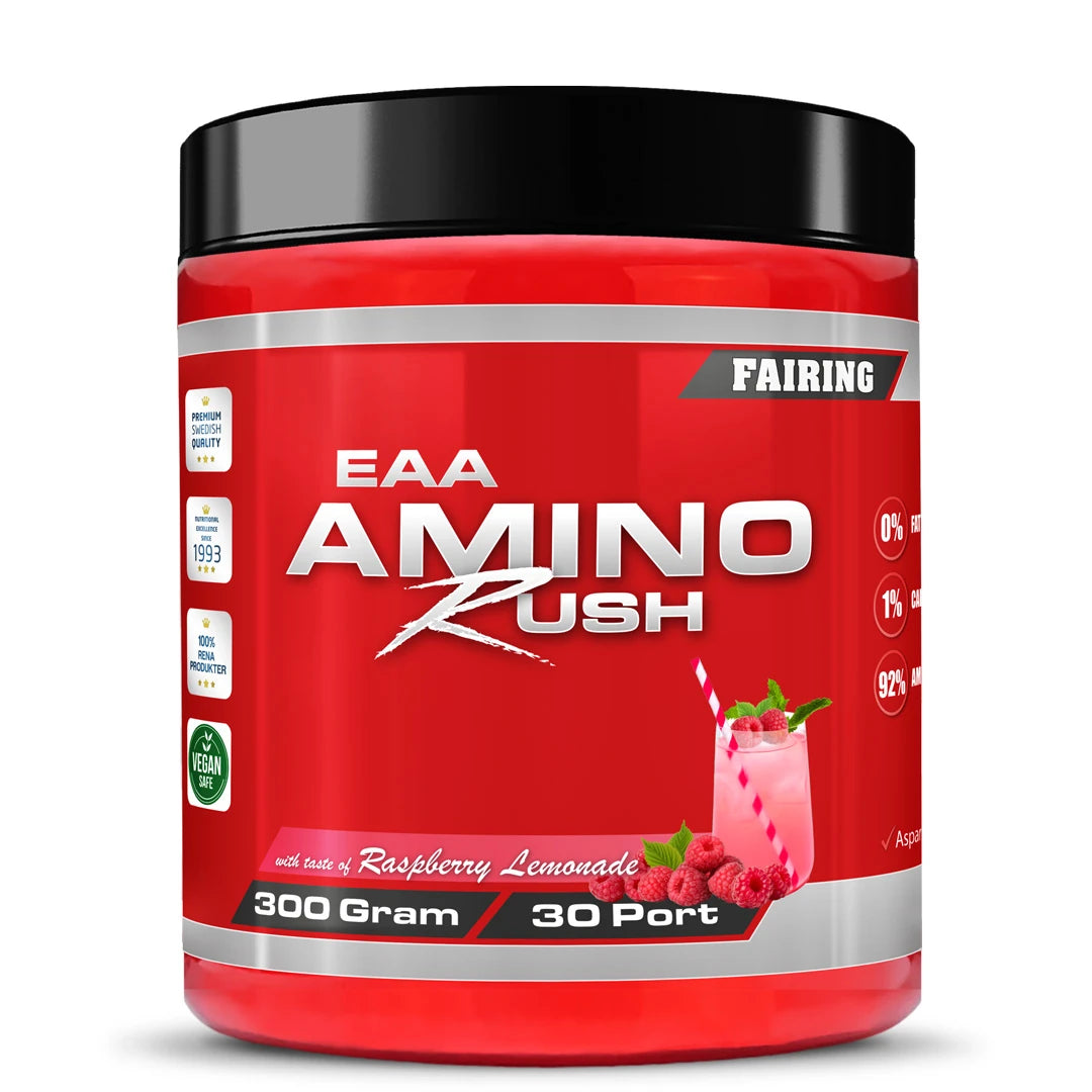 Fairing Amino Rush 300 g EAA-pulver i en röd burk med svart lock för smaken Raspberry Lemonade., bild 3 av 4