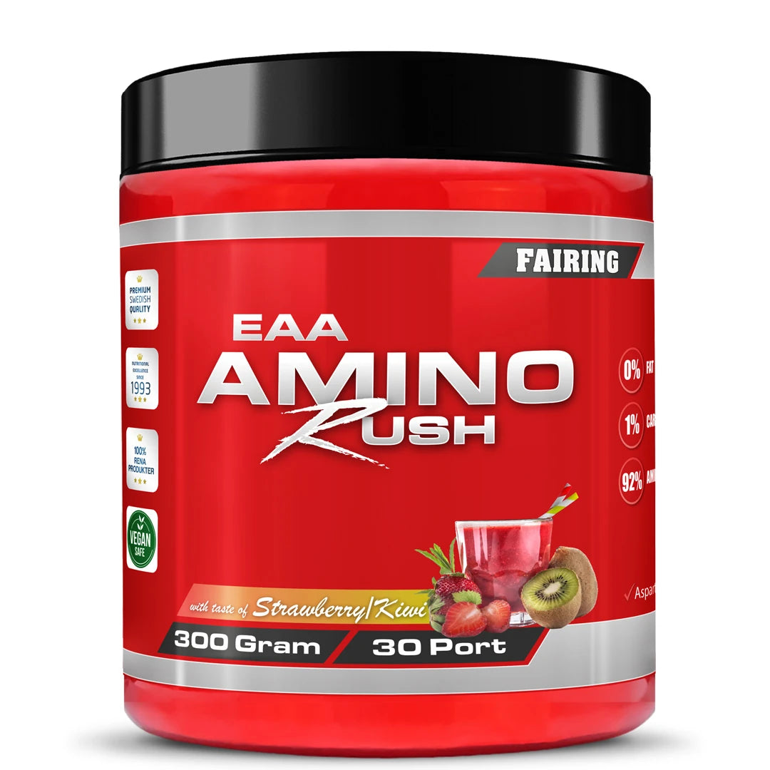 Fairing Amino Rush 300 g EAA-pulver i en röd burk med svart lock för smaken Strawberry Kiwi., bild 1 av 4