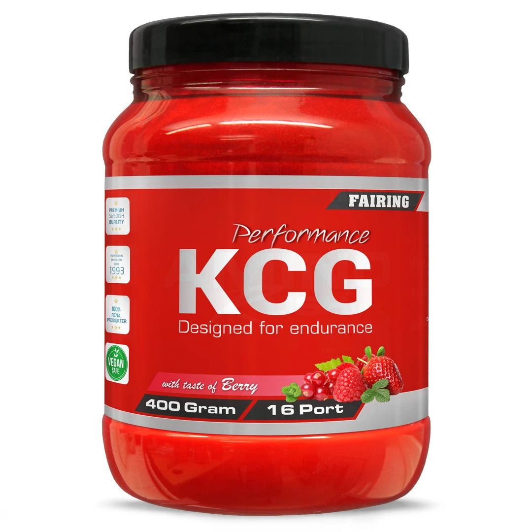 Fairing KCG Performance 400 g sportdryckspulver i en röd burk med svart lock och smak av bär., bild 2 av 2