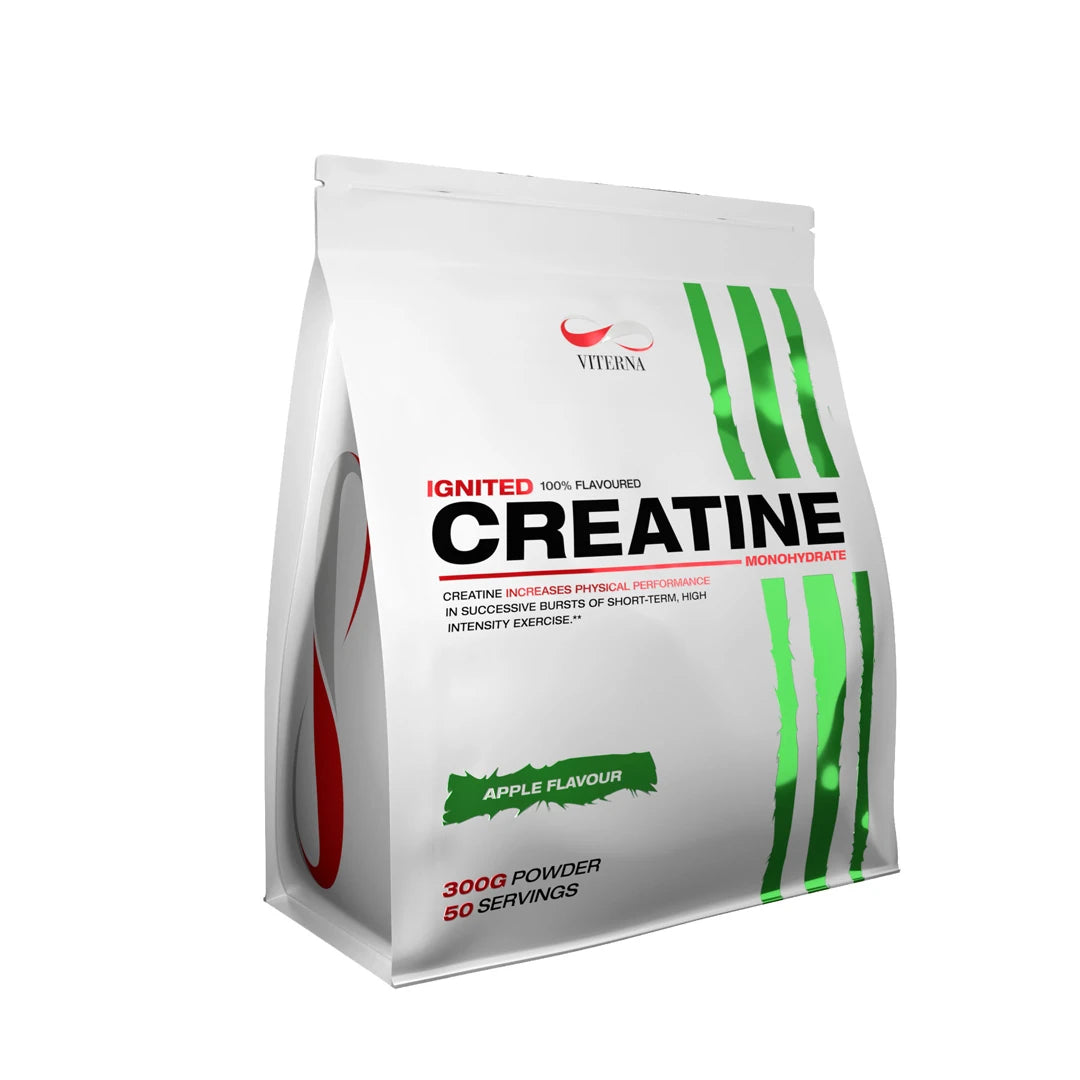 Viterna Ignited Creatine 300g kreatinpulver i en vit påse med gröna detaljer för smaken Apple., bild 1 av 3
