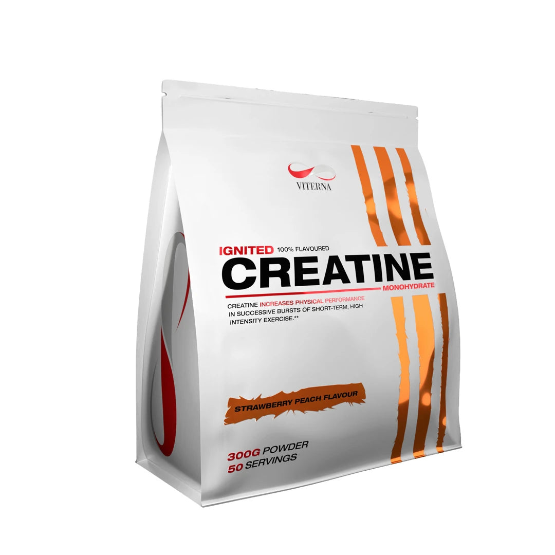 Viterna Ignited Creatine 300g kreatinpulver i en vit påse med orangea detaljer för smaken Jordgubb Persika., bild 2 av 3