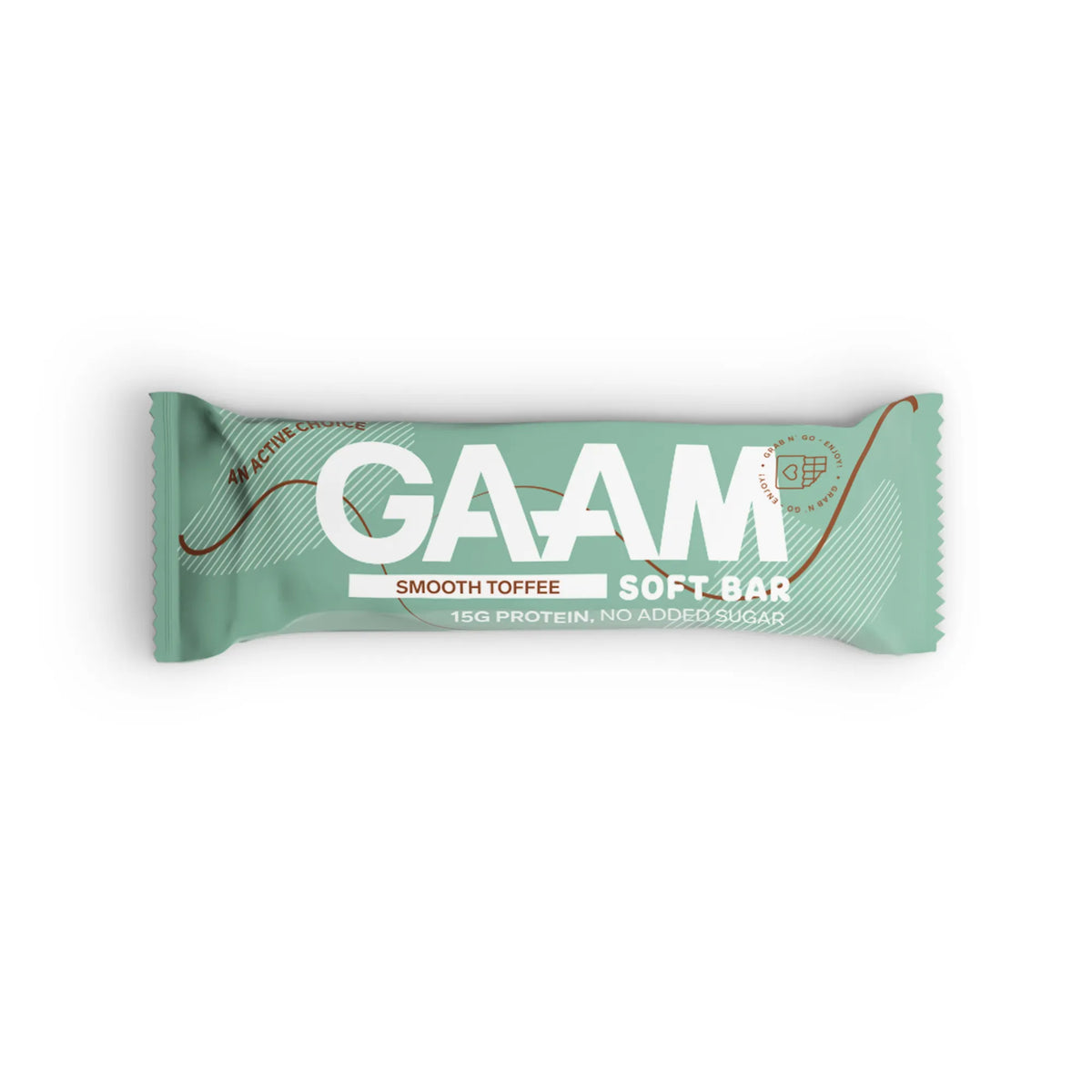 GAAM Protein &amp; Soft bar 45 g i en ljusgrön förpackning med smaken Smooth Toffee., bild 1 av 6
