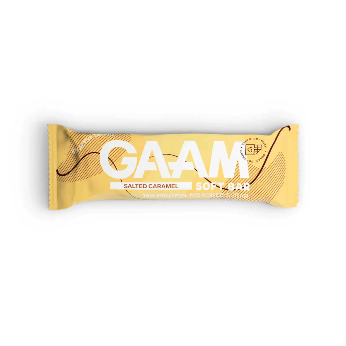 GAAM Protein &amp; Soft bar 45 g i en gul förpackning med bruna detaljer för smaken Salted Caramel., bild 3 av 6