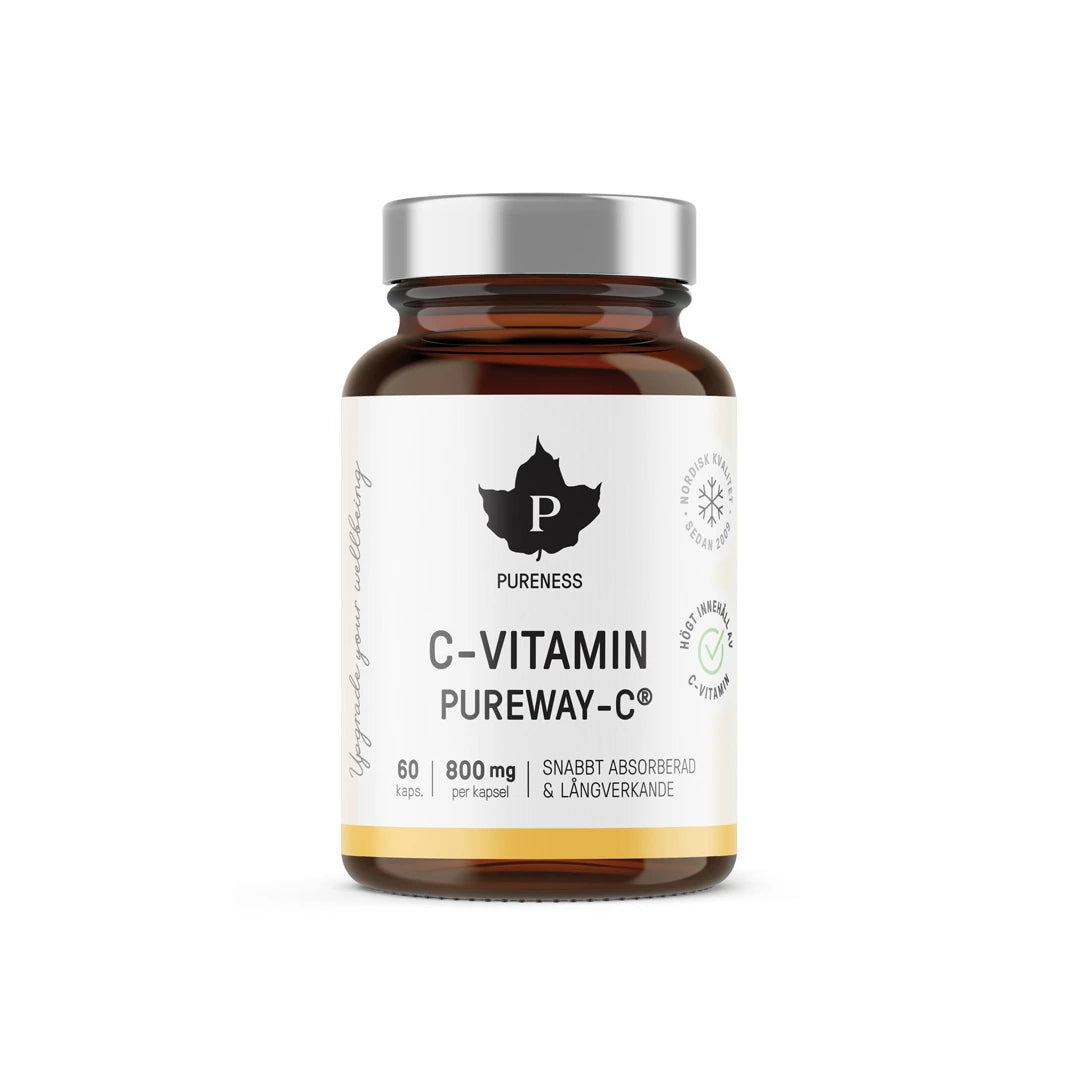 Pureness C-vitamin PUREWAY-C® 60 caps i en brun burk med vit etikett och silverfärgat lock., bild 1 av 1