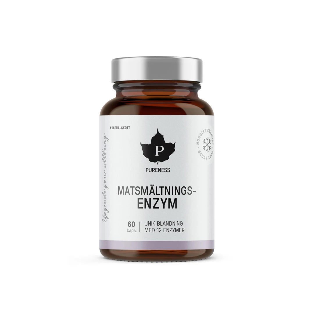 Pureness Matsmältningsenzym 60 caps i en brun burk med vit etikett och silverfärgat lock., bild 1 av 1