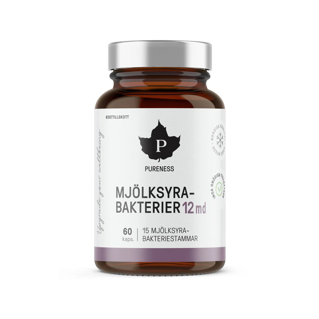 Pureness Mjölksyrabakterier 12 md 60 caps i en brun glasburk med vit etikett och silverlock., bild 1 av 1