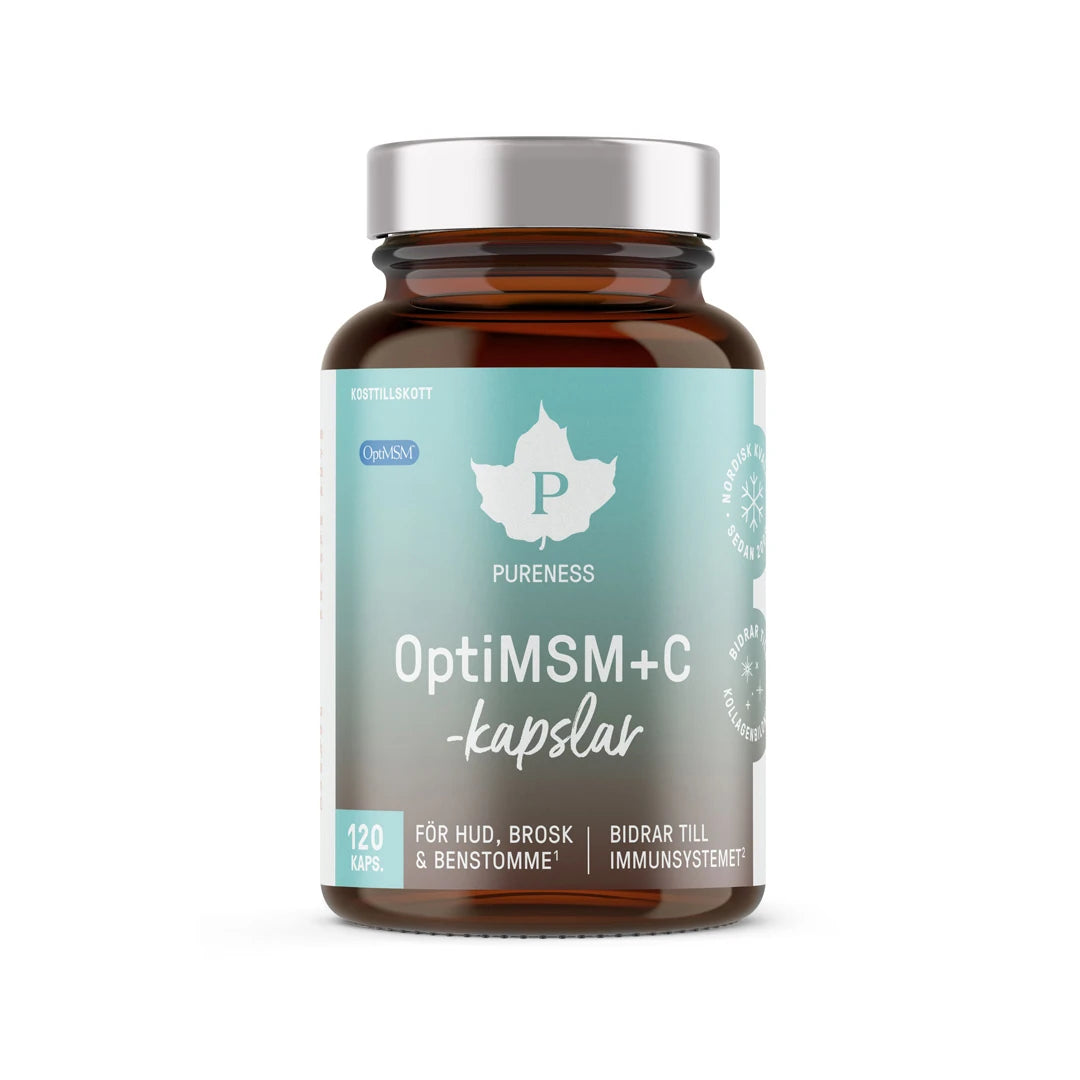Pureness OptiMSM + C capsules 120 caps, mörk glasburk med silverlock och ljusblå etikett för hår, hud och naglar., bild 1 av 1
