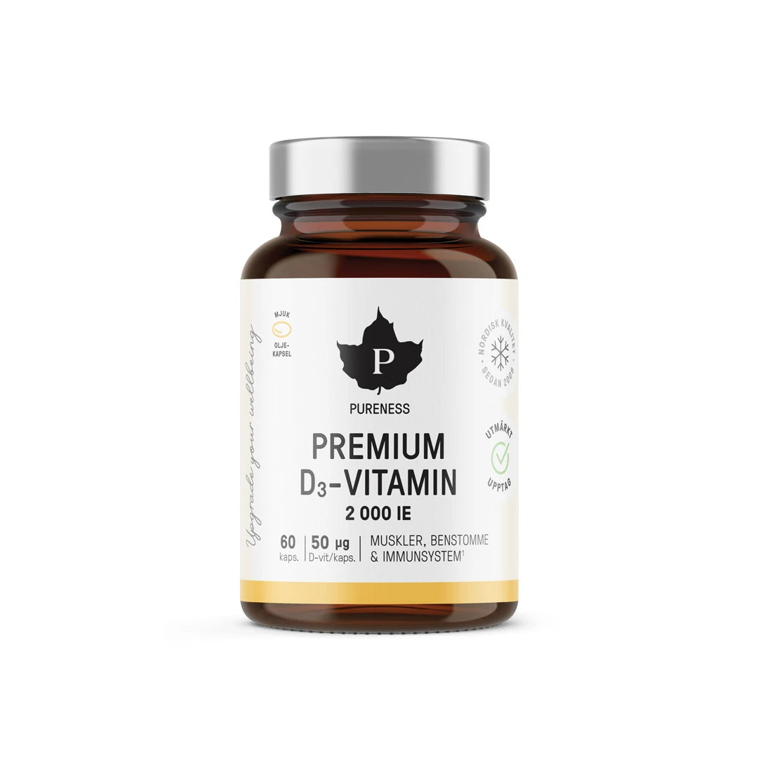 Pureness Premium D3-vitamin 2000 IE 60 caps i en mörkbrun burk med silvrigt lock och vit etikett., bild 1 av 1
