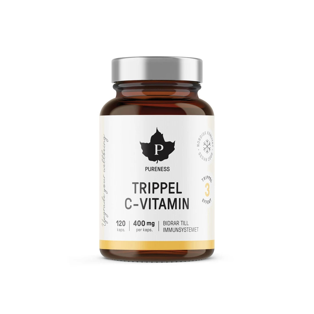 Pureness Trippel C-vitamin 120 caps kosttillskott förpackad i en mörk burk med vit etikett och silverlock., bild 1 av 1