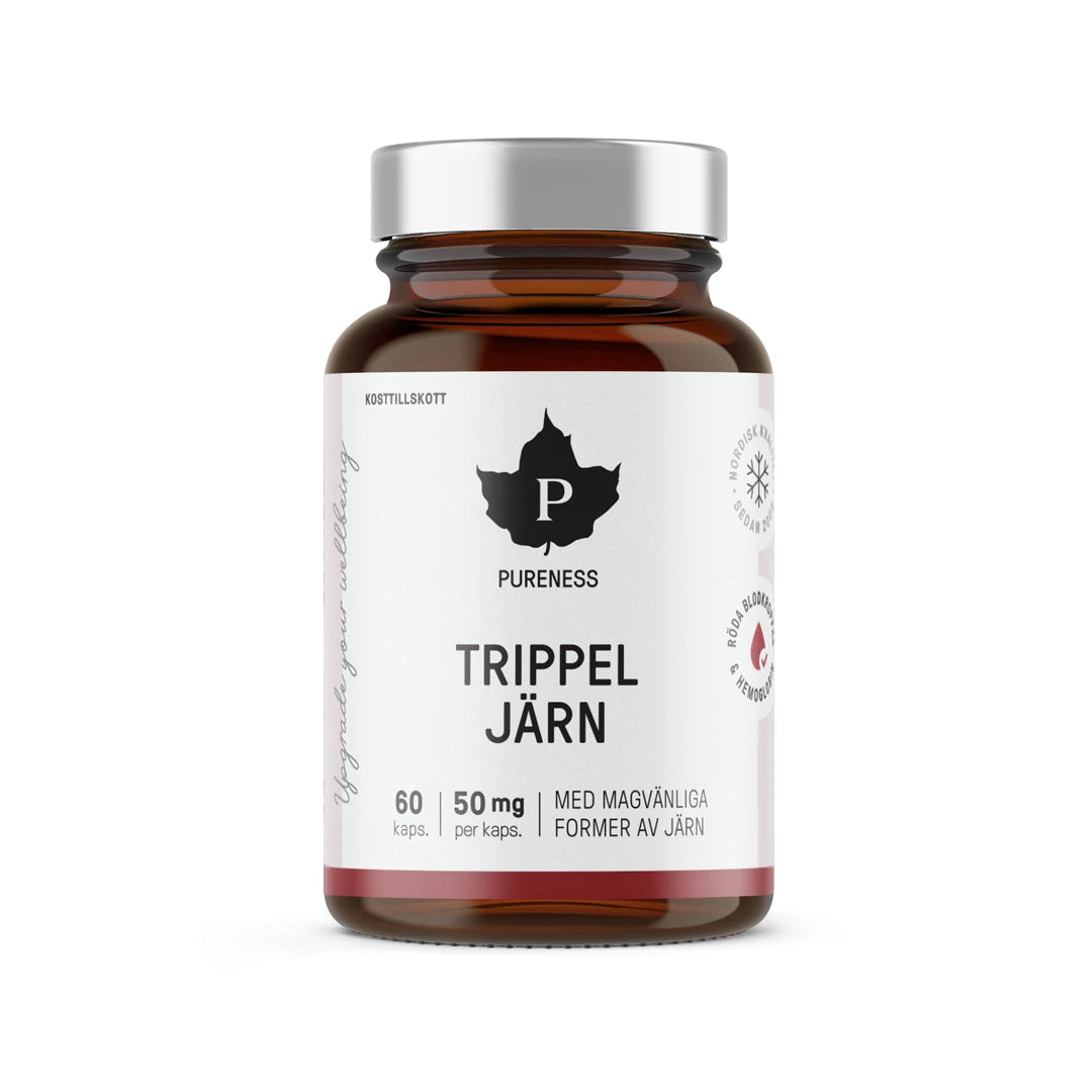 Pureness Trippel Järn 60 caps, ett järntillskott i en mörk glasburk med vit etikett och silverlock., bild 1 av 1