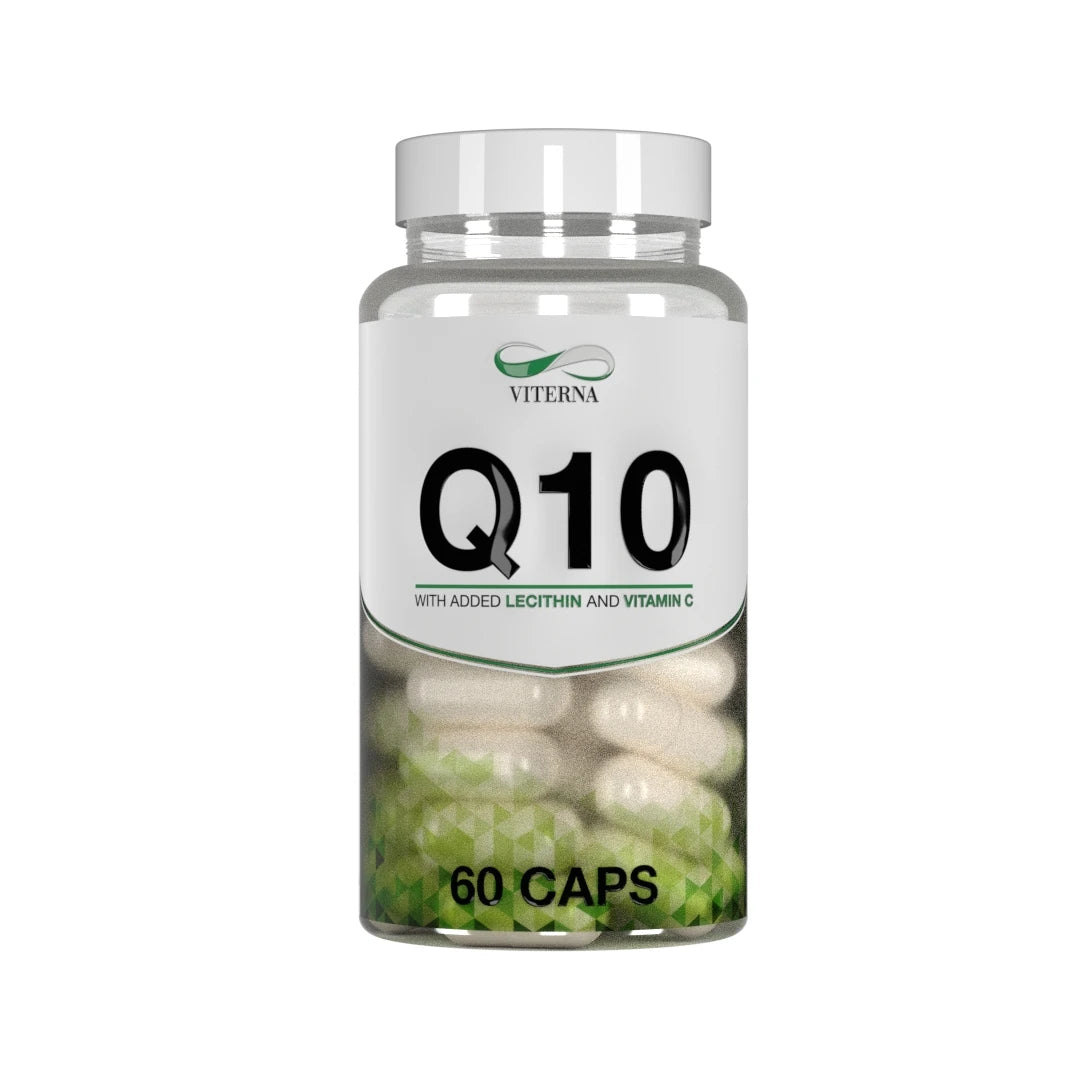 Viterna Q10 60 caps i en transparent burk med vit etikett och gröna detaljer fylld med vita kapslar., bild 1 av 1