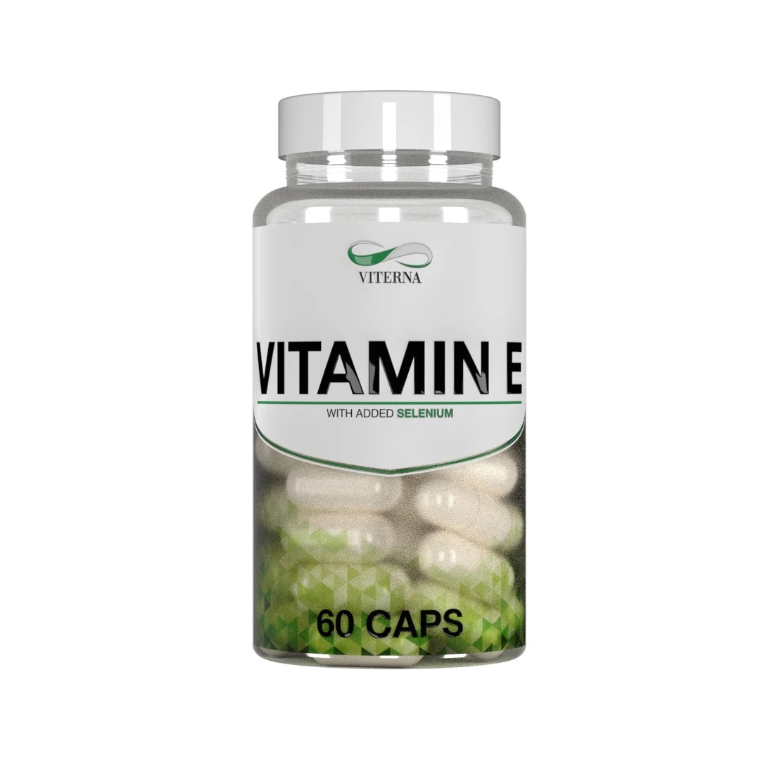 Viterna Vitamin E + Selenium 60 caps kosttillskott i en genomskinlig burk med vit etikett och gröna detaljer., bild 1 av 1