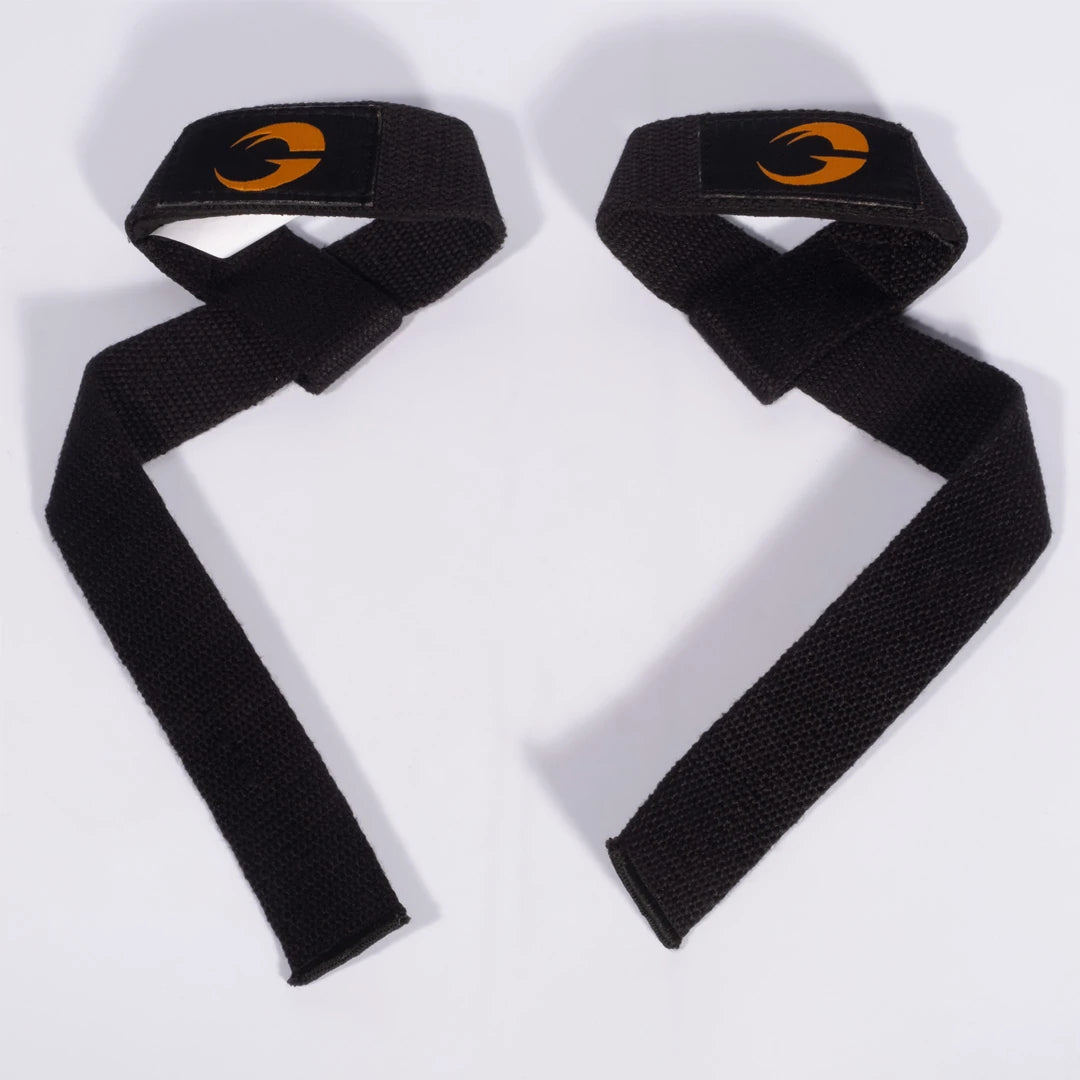 GASP Classic Lifting Straps Black, ett par svarta dragremmar i kraftig bomull med orange logotyp., bild 1 av 1