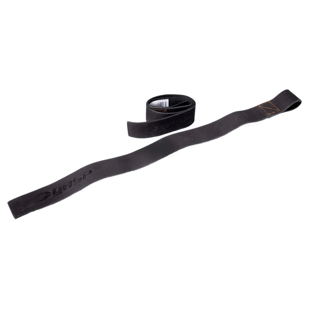 Gasp Leather Straps Black dragremmar i svart läder med präglad logotyp och orangea sömmar.
