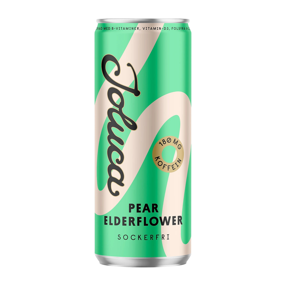 Joluca 330 ml energidryck med 180 mg koffein i en grön och beige burk för smaken Pear Elderflower., bild 1 av 6