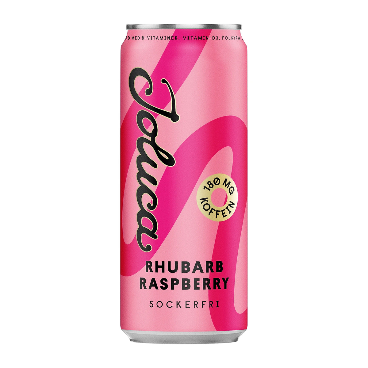 Joluca 330 ml sockerfri dryck i en rosa burk med 180 mg koffein för smaken Rhubarb Raspberry., bild 2 av 6