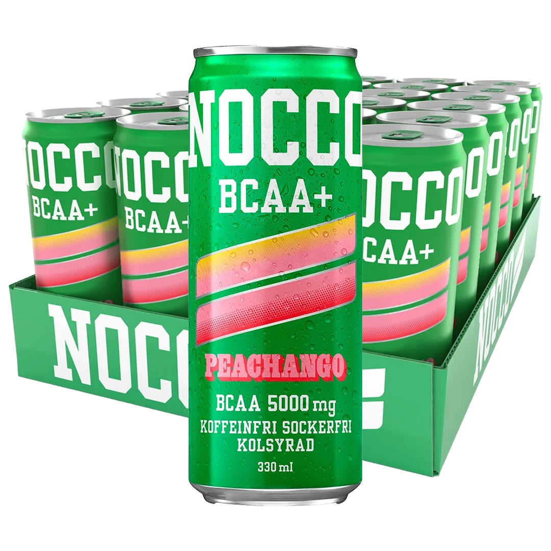 24 x NOCCO BCAA + 330 ml Peachango (Koffeinfri) i ett flak med gröna burkar med rosa och gula detaljer., bild 1 av 1