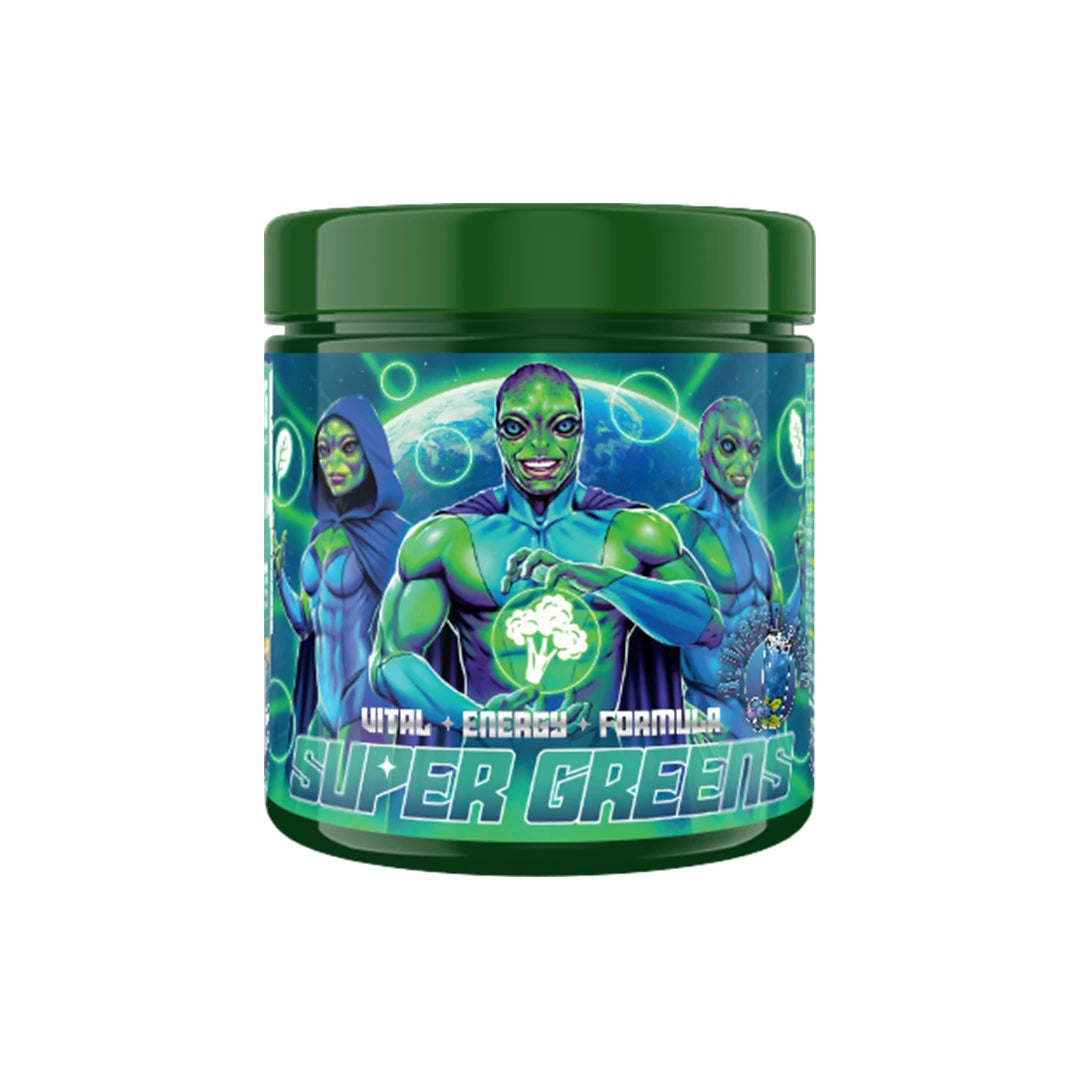 Swedish Supplements Super Greens 250 g, ett greenspulver i en mörkgrön burk med rymdmotiv på etiketten., bild 1 av 1