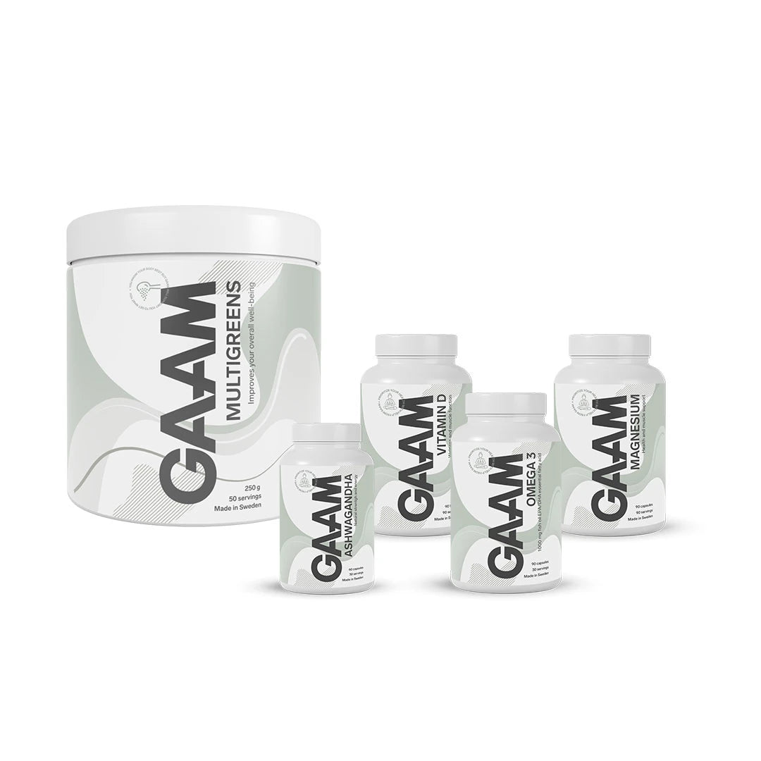 GAAM Håll dig frisk-paket bestående av fem vita burkar med grå detaljer fyllda med vitaminer och greens.
