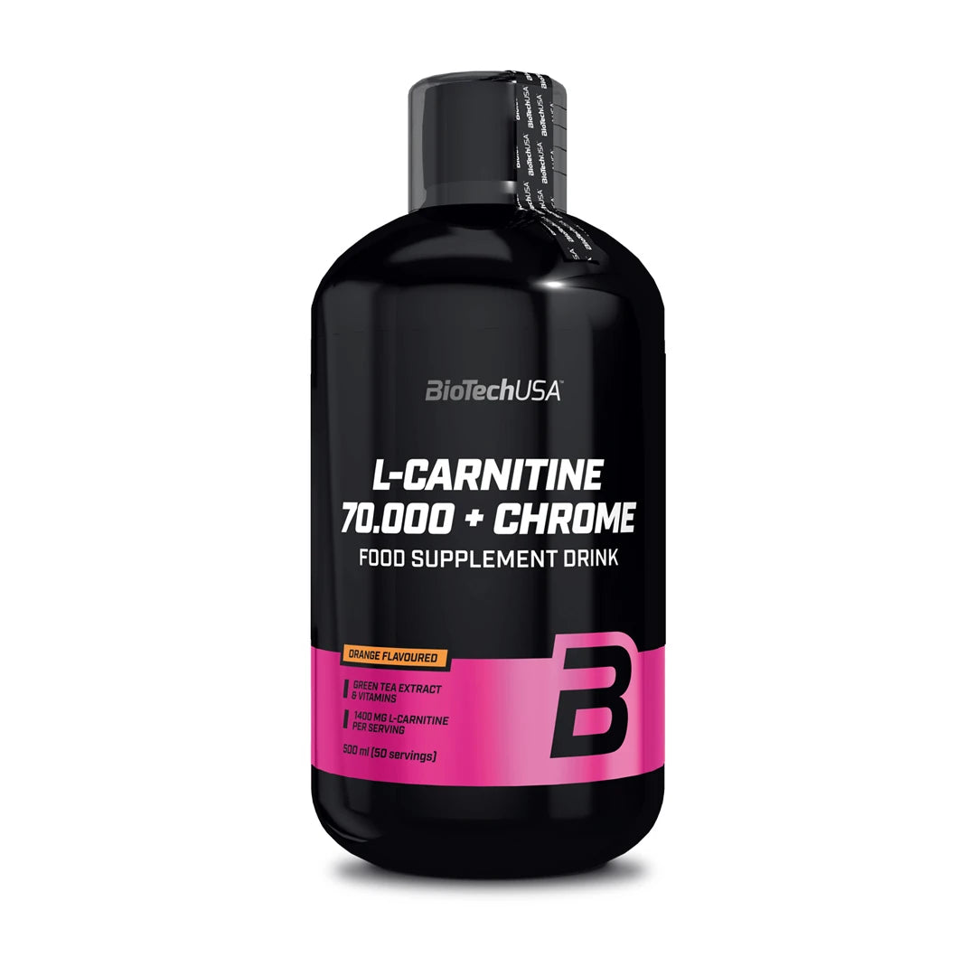 BioTechUSA L-Carnitine 70.000 + Chrome 500 ml i en svart flaska med rosa detaljer och text för smaken Orange., bild 2 av 2