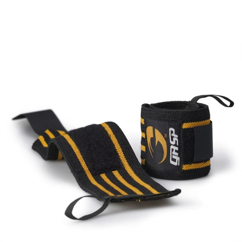 Gasp Hardcore Wrist Wraps Black, svarta handledslindor i elastisk väv med orangea ränder och tumgrepp för tunga lyft., bild 1 av 1