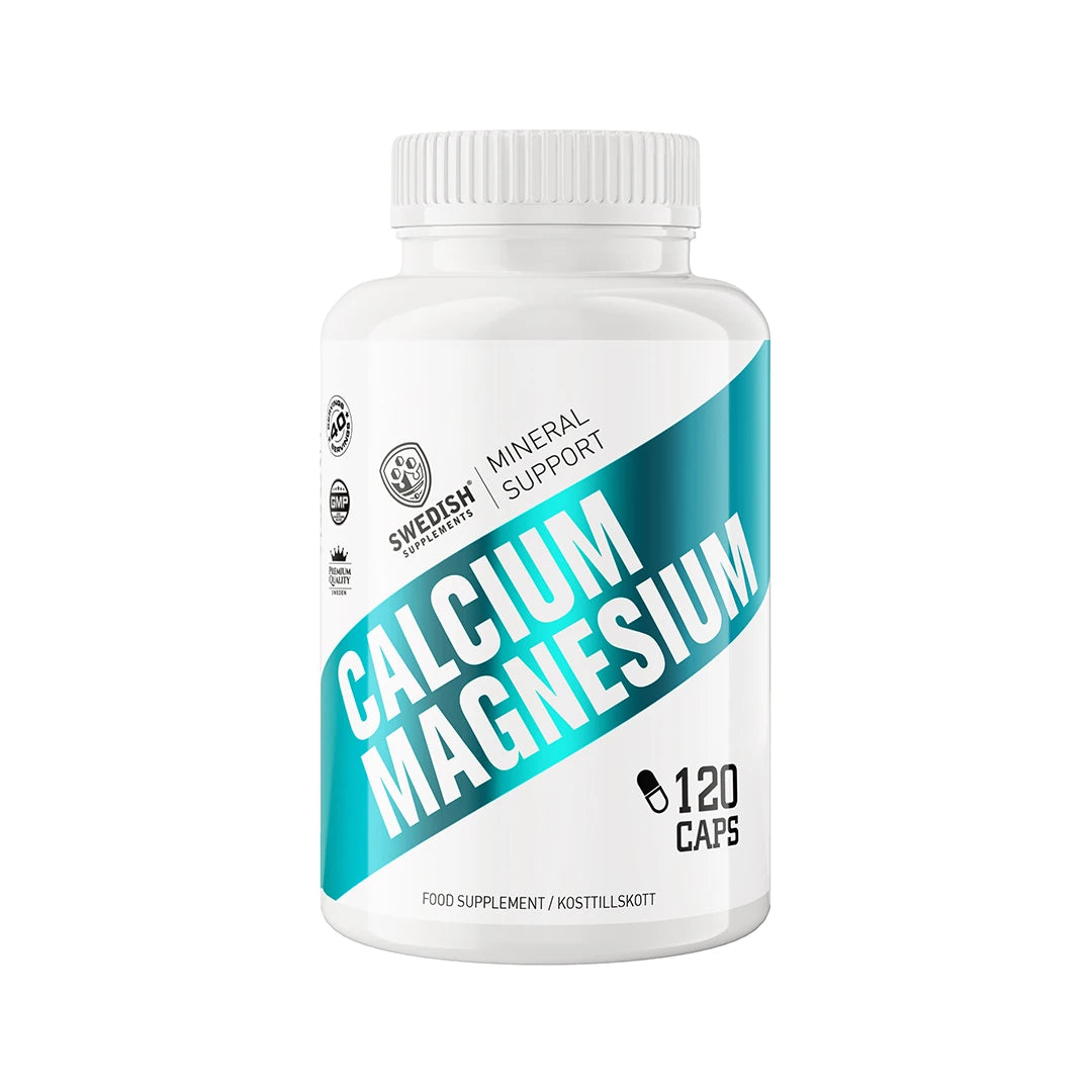 Swedish Supplements Calcium + Magnesium 120 caps kosttillskott i en vit burk med turkosa detaljer och tydlig vit text., bild 1 av 1