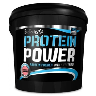 BioTechUSA Protein Power 4 kg proteinpulver i en svart hink med blå detaljer, smak Strawberry-Banana.