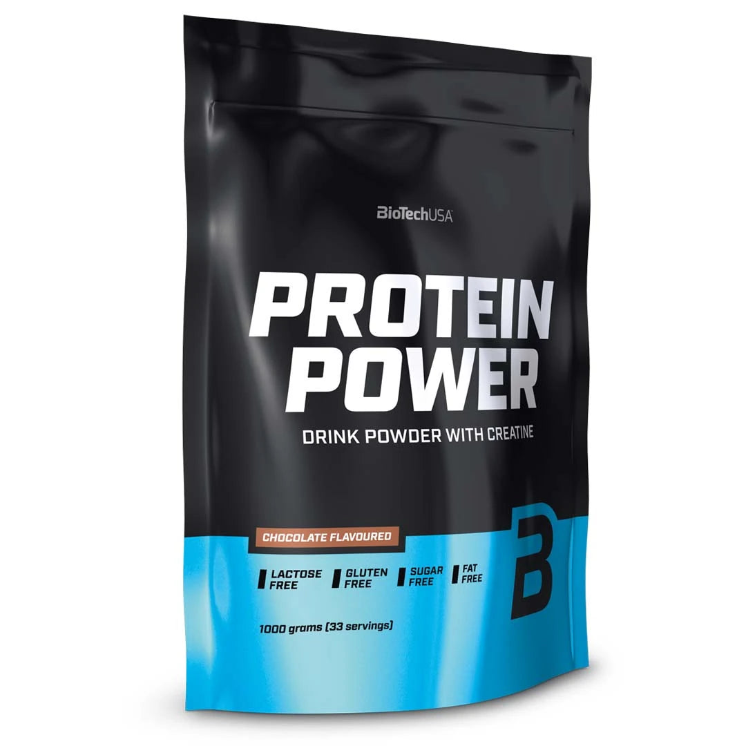 BioTechUSA Protein Power 1 kg proteinpulver i en svart och blå påse för smaken Chocolate.