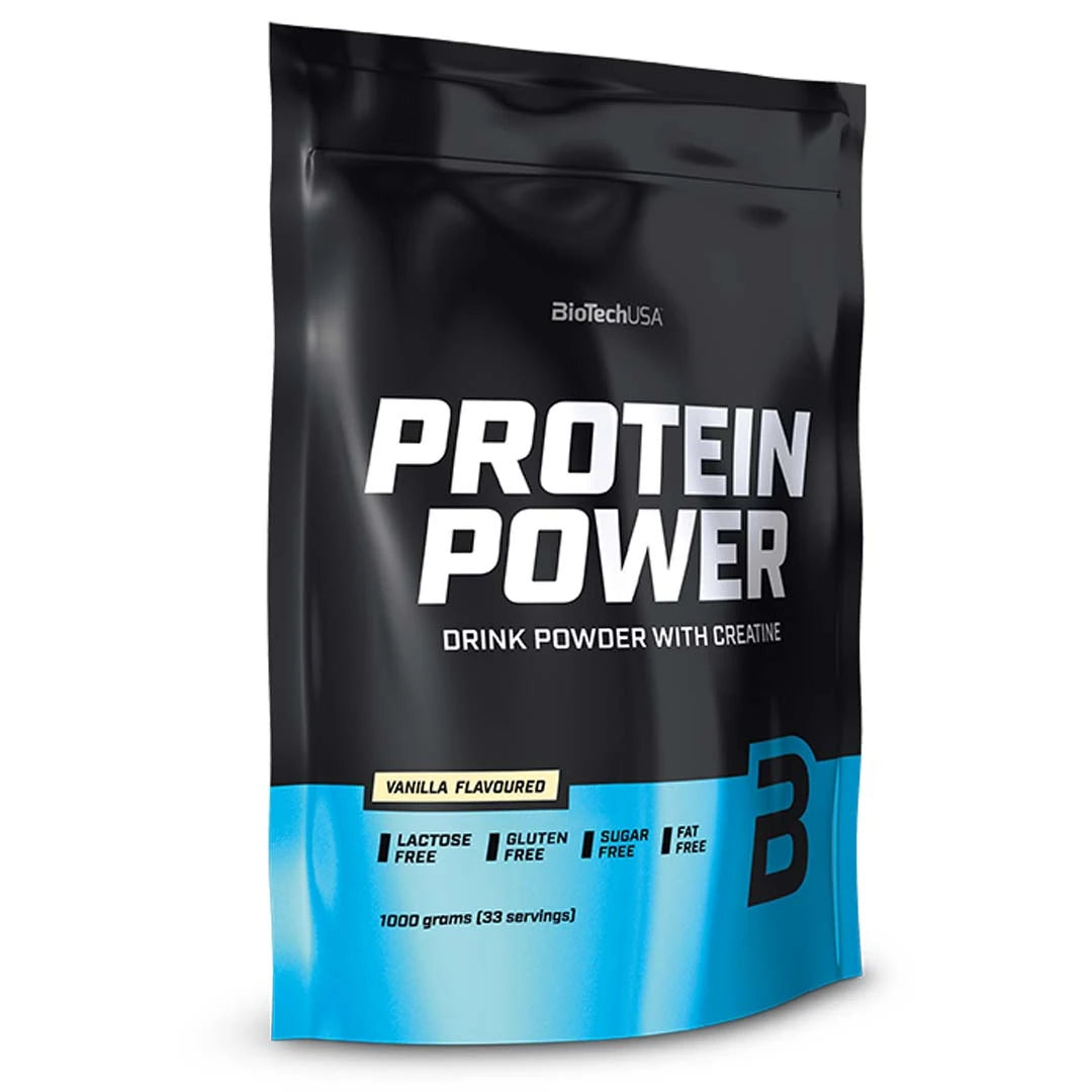 BioTechUSA Protein Power 1 kg proteinpulver i en svart och ljusblå påse för smaken Vanilla., bild 2 av 2