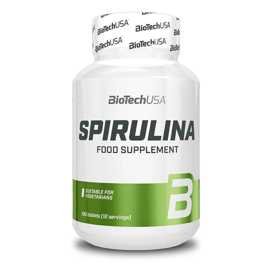 BioTechUSA Spirulina 100 caps kosttillskott i en vit burk med grön och grå text., bild 1 av 1