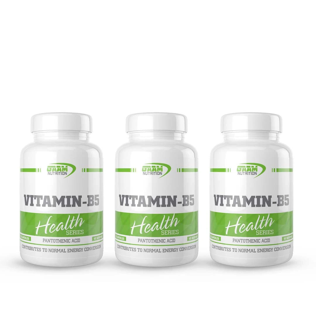 3 x GAAM Vitamin B5 90 caps vitamintillskott i tre vita plastburkar med gröna och grå detaljer., bild 1 av 1