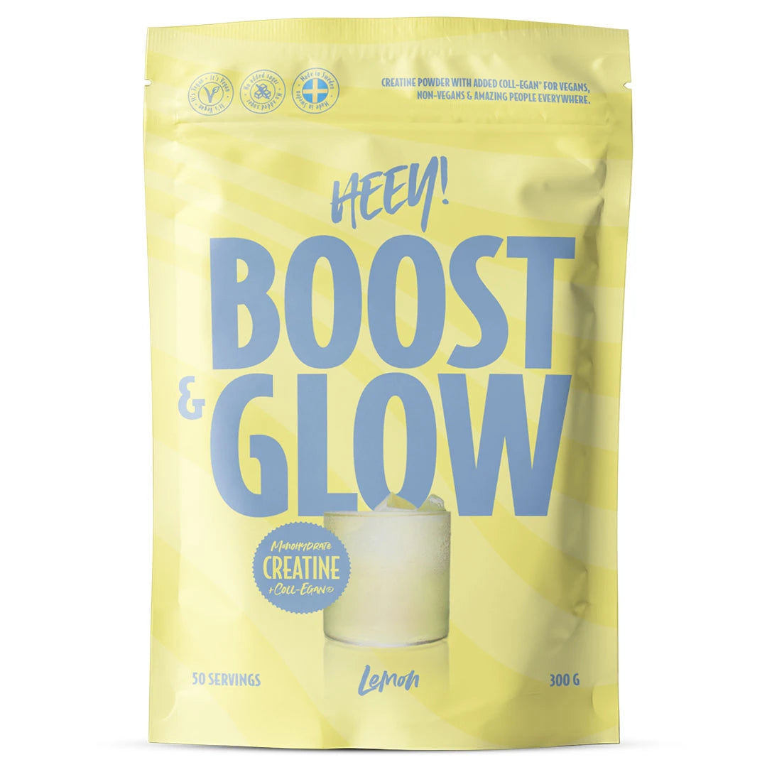Heey! Boost & Glow Creatine + Coll-egan® 300 g veganskt kreatinpulver i en gul påse med blå text för smaken Lemon.