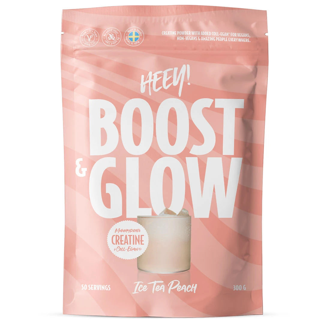 Heey! Boost &amp; Glow Creatine + Coll-egan® 300 g kreatinpulver i en ljusrosa påse för smaken Ice Tea Peach., bild 2 av 3
