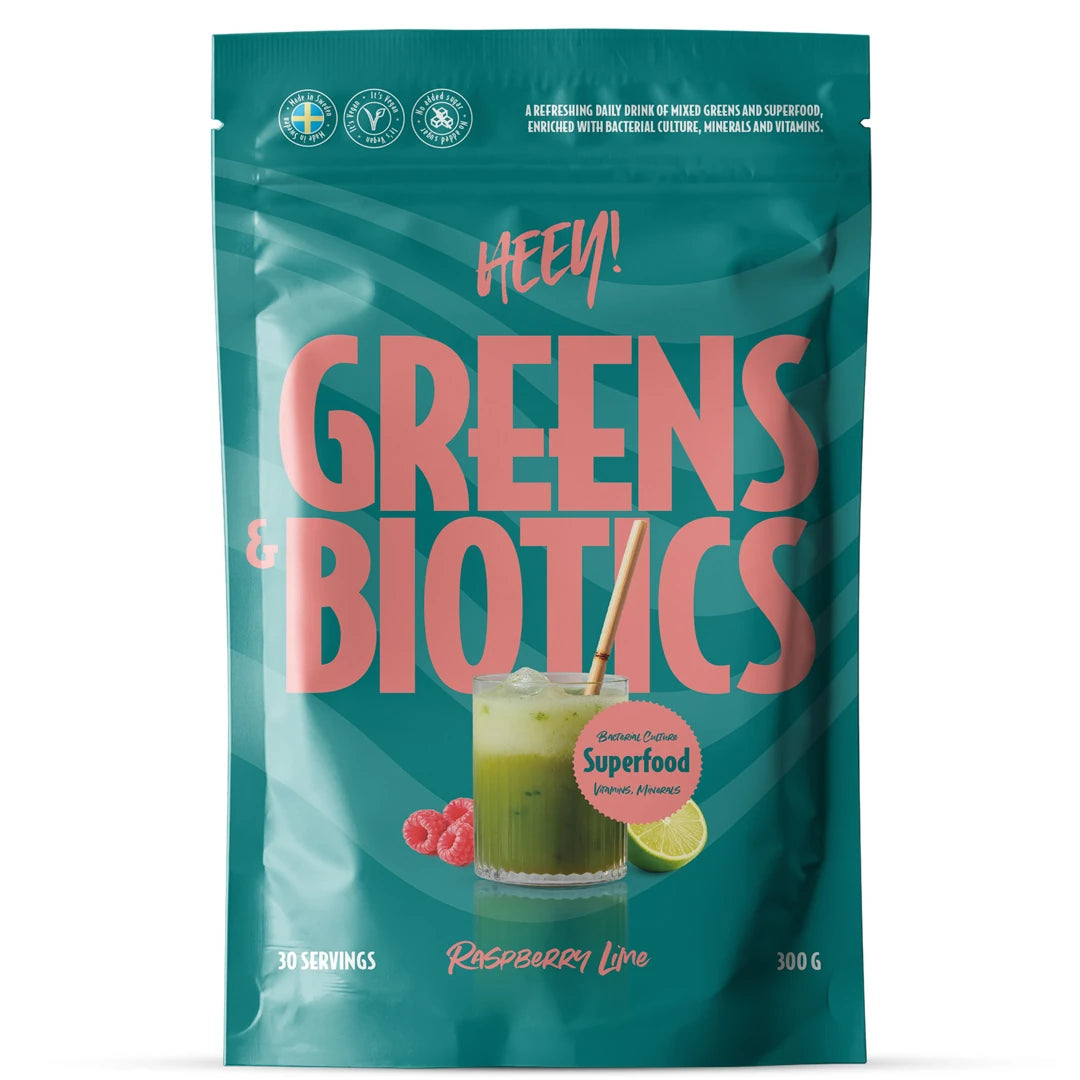 Heey! Greens &amp; Biotics Superfood + Probiotics 300 g pulver i en turkos påse för smaken Raspberry Lime., bild 2 av 3