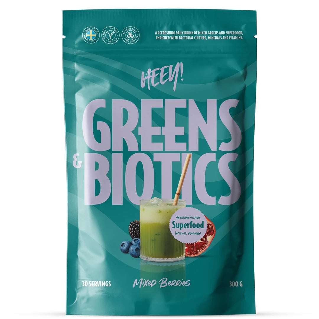 Heey! Greens &amp; Biotics Superfood + Probiotics 300 g pulver i en turkos påse för smaken Mixed Berries., bild 3 av 3