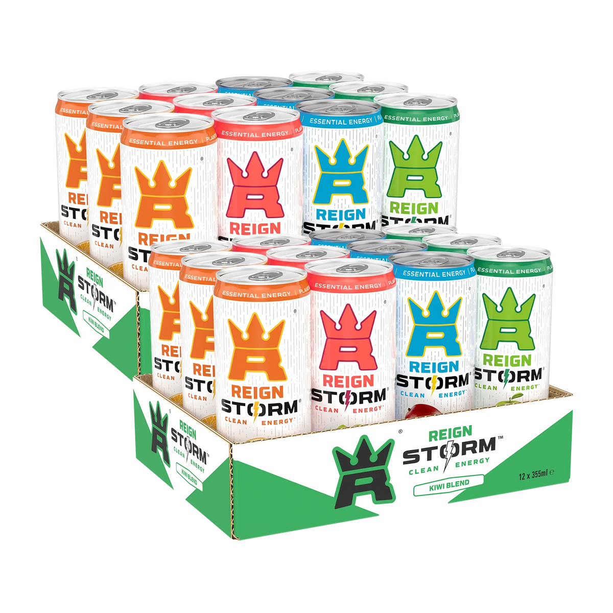 24 x Reign Storm Energy 355 ml Mixflak i två pappflak med vita energidrycksburkar och färgglada detaljer för olika smaker., bild 1 av 1