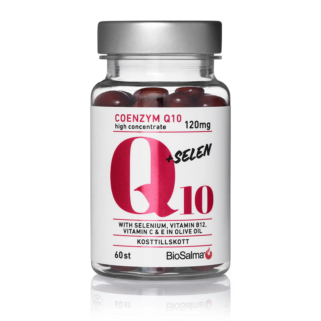 BioSalma Q10 Coenzym 120mg + selen 60 caps i en transparent burk med grått lock, med tydlig rosa text på vit etikett., bild 1 av 1