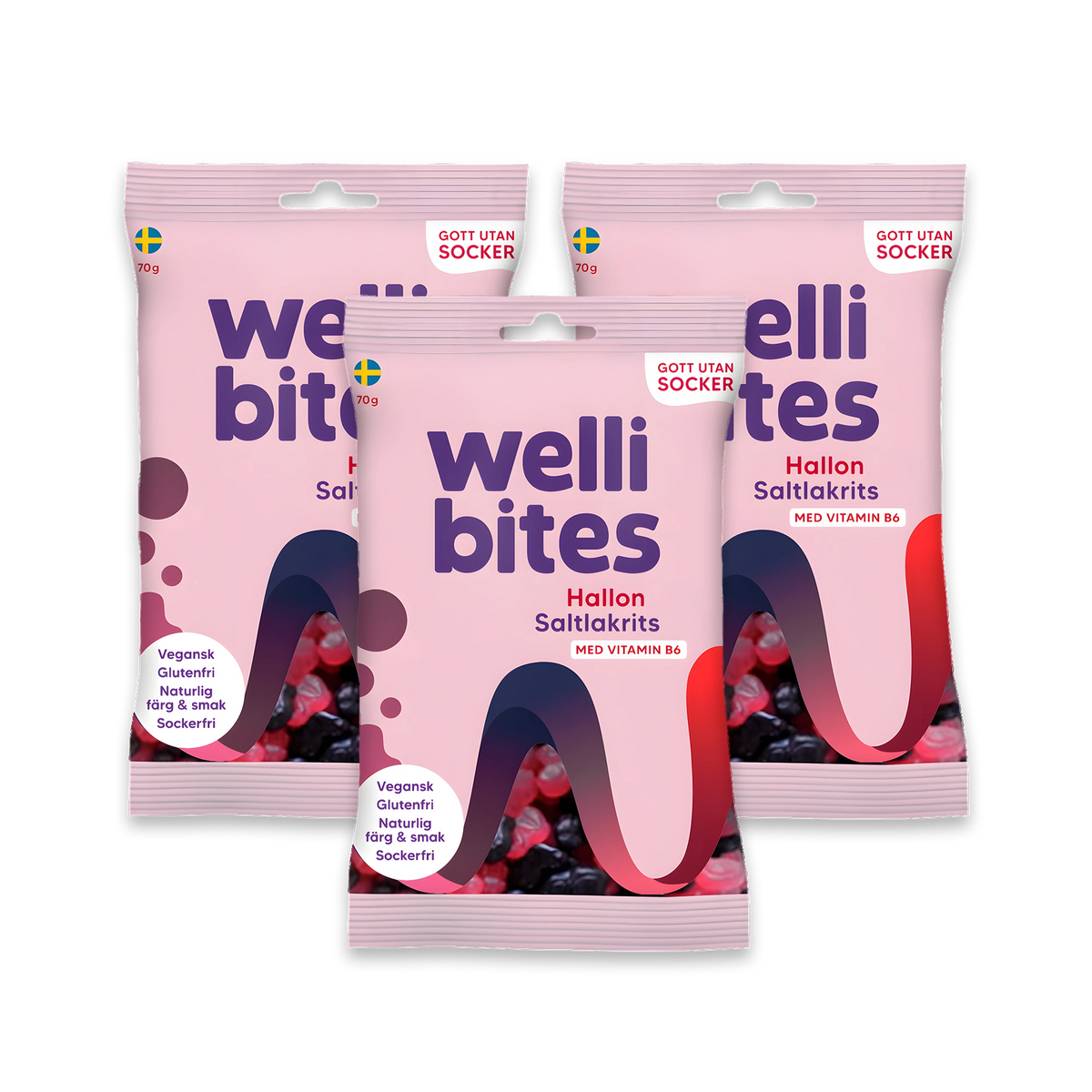 3 x Wellibites Candy 70 g Hallon & Saltlakrits i tre ljusrosa påsar för det sockerfria godiset.